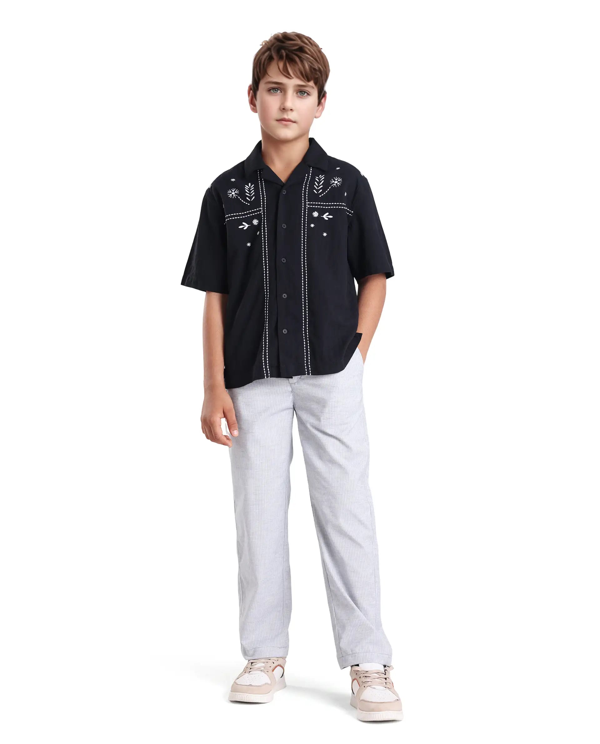 Rare Ones Kids Foke Black Cotton Blend Embroidered Button Closure Regular Fit Shirt