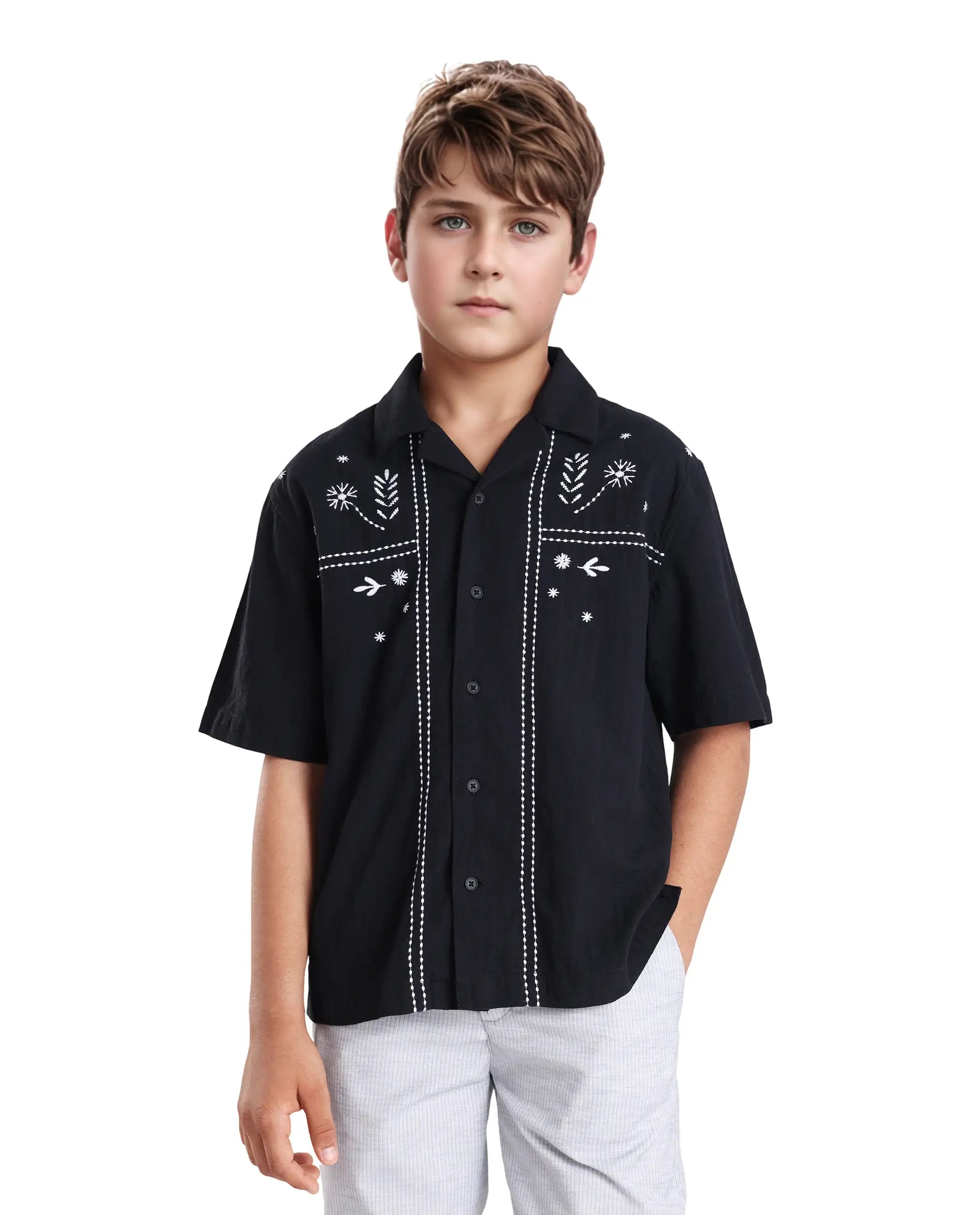 Rare Ones Kids Foke Black Cotton Blend Embroidered Button Closure Regular Fit Shirt