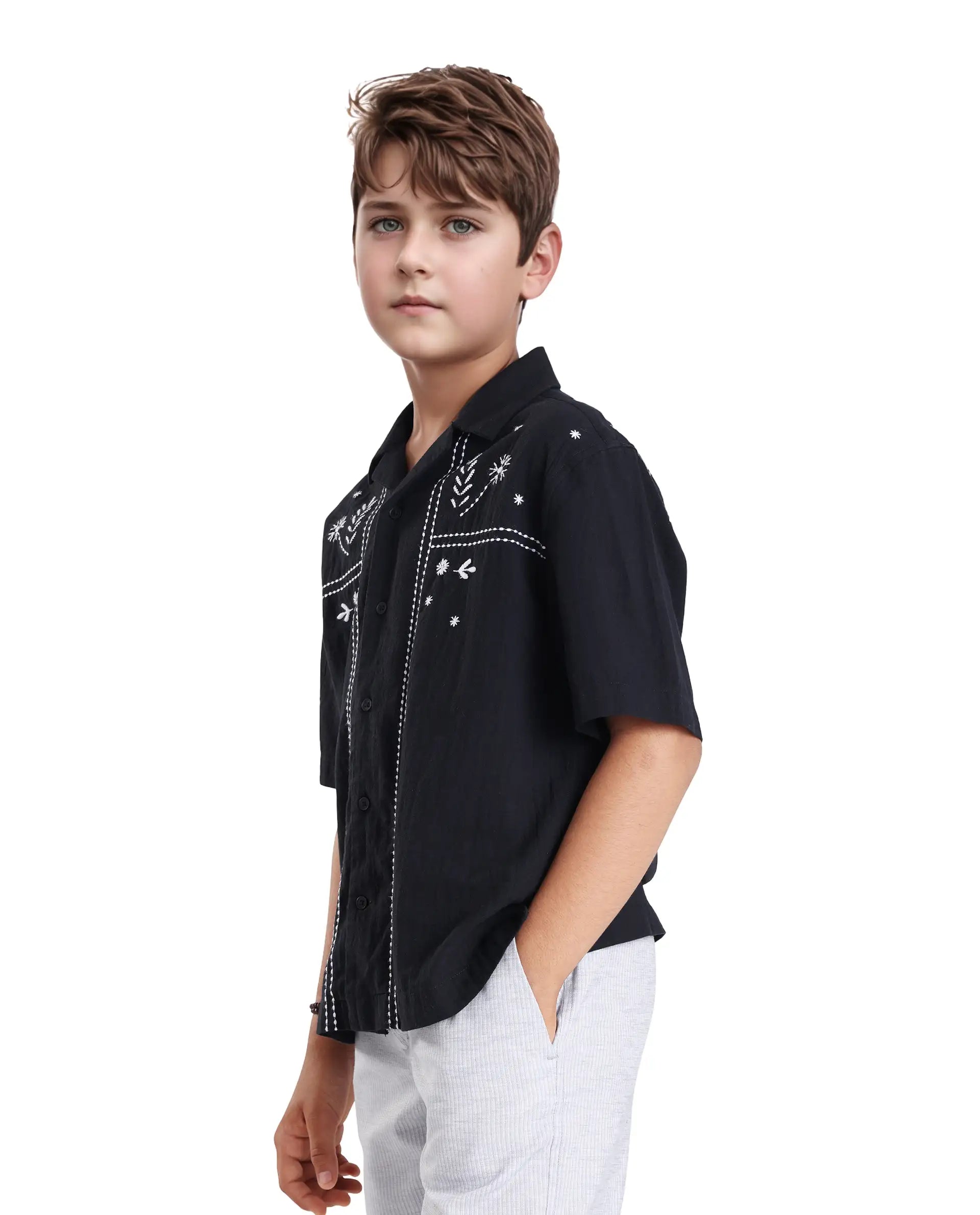 Rare Ones Kids Foke Black Cotton Blend Embroidered Button Closure Regular Fit Shirt