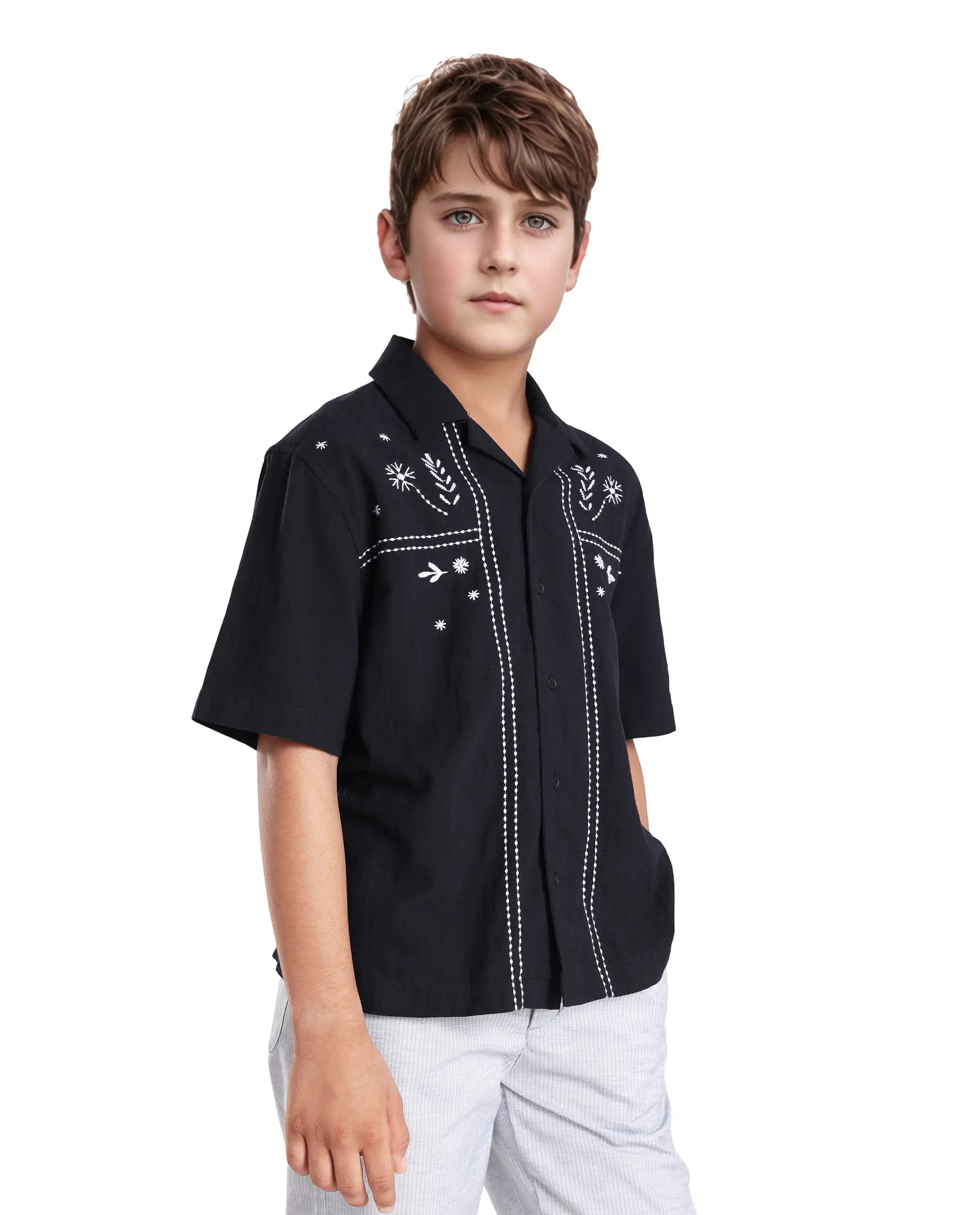 Rare Ones Kids Foke Black Cotton Blend Embroidered Button Closure Regular Fit Shirt