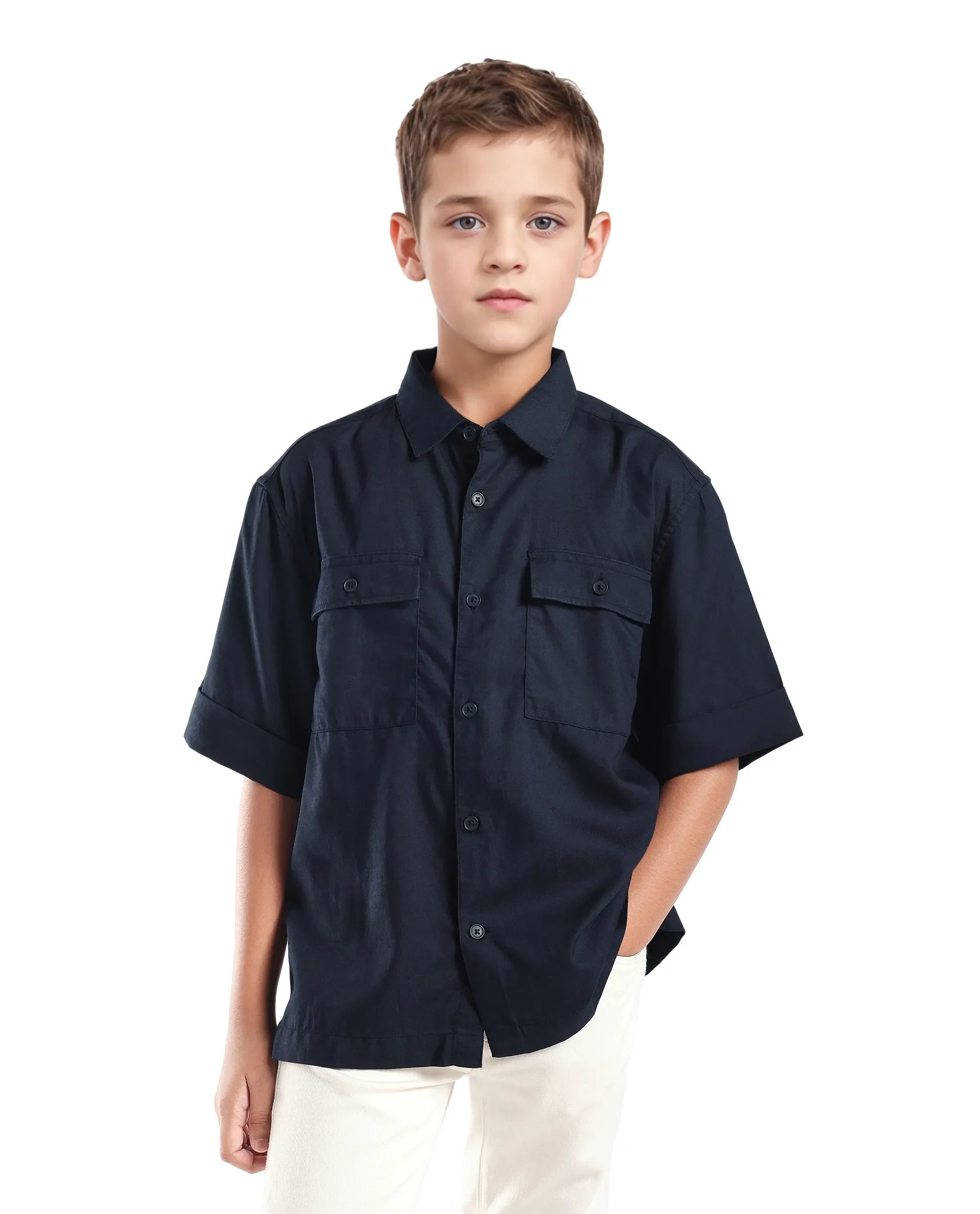 Rare Ones Kids Glin-S Navy Lyocell Blend Solid Button Closure Boxy Fit Shirt