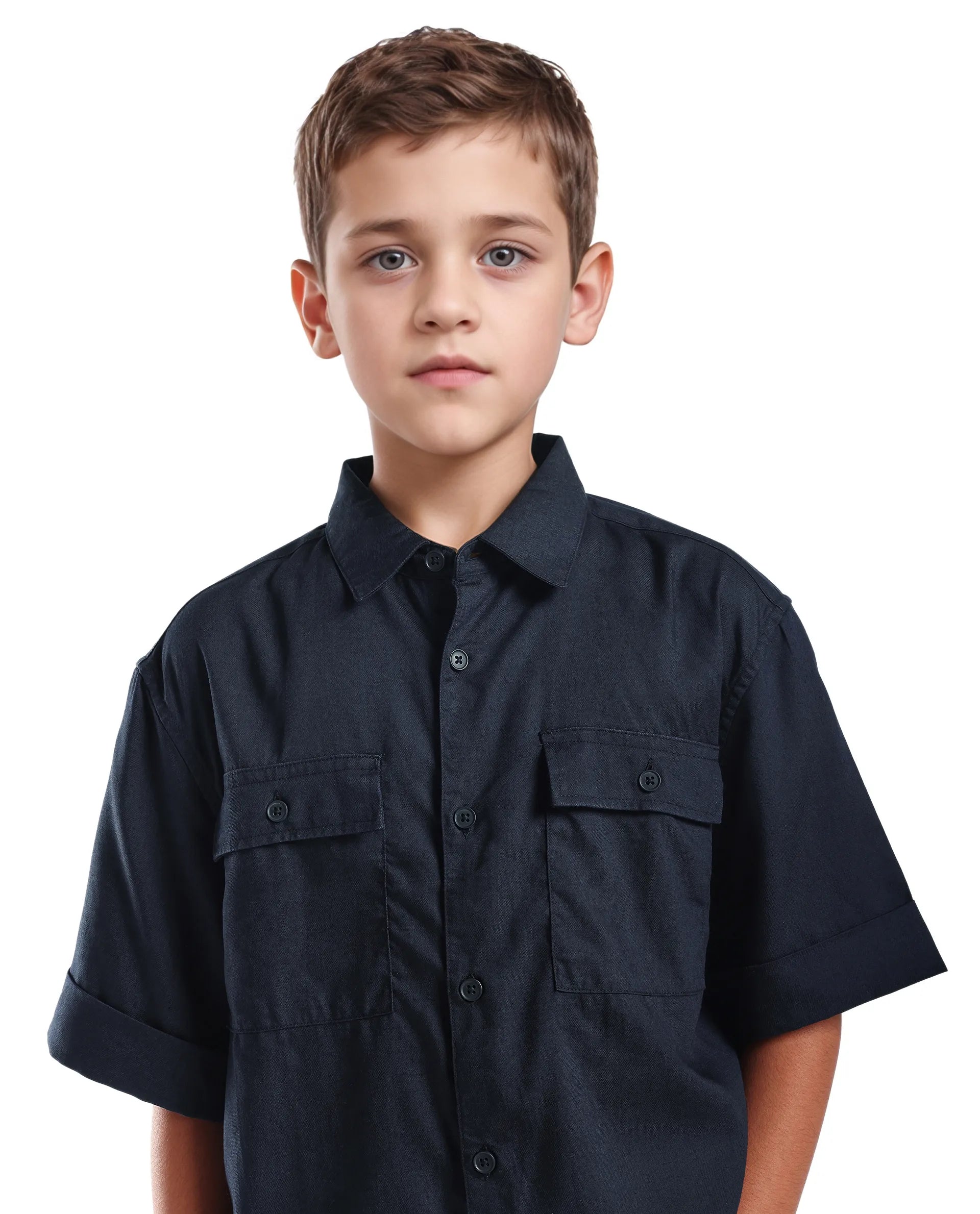 Rare Ones Kids Glin-S Navy Lyocell Blend Solid Button Closure Boxy Fit Shirt