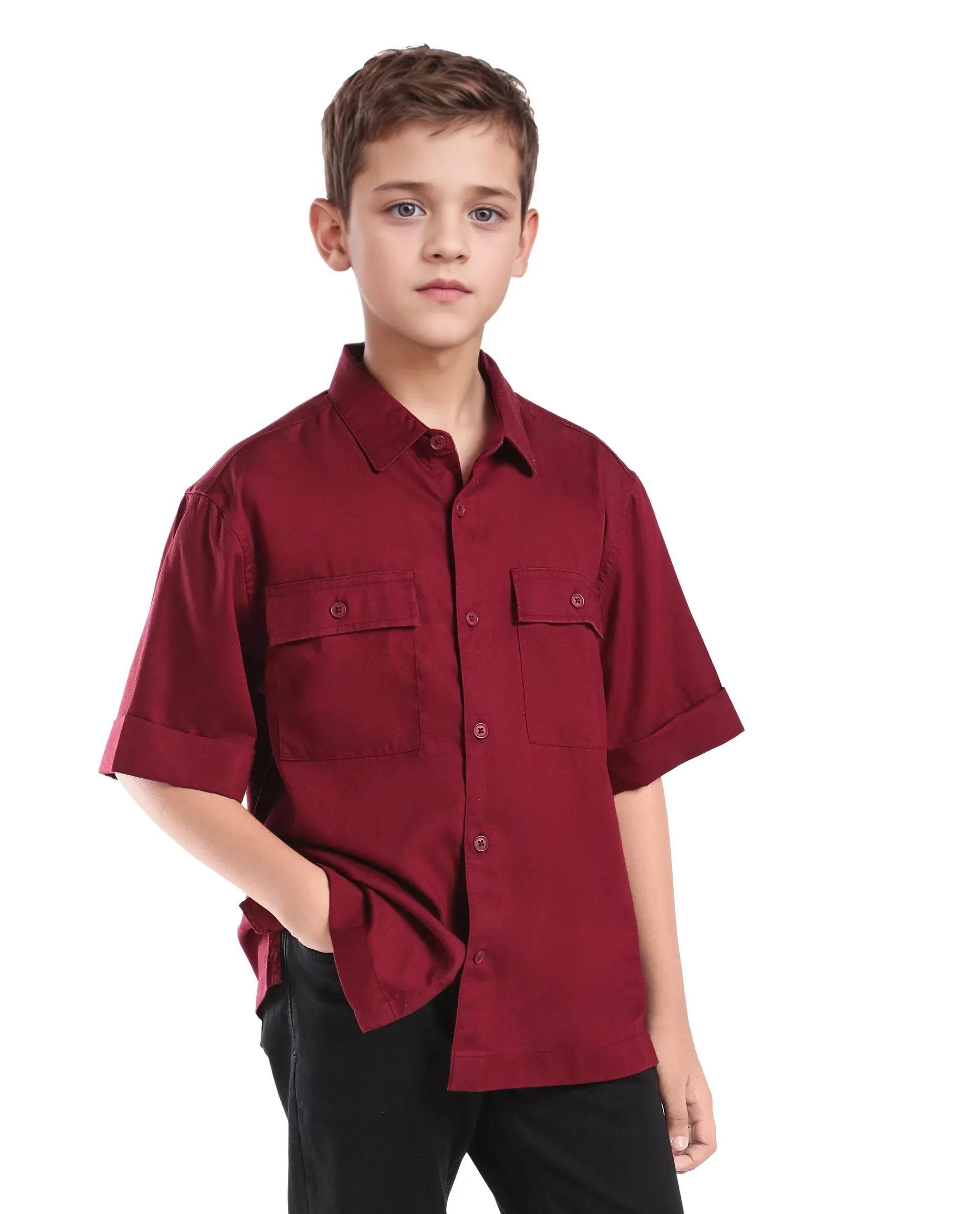 Rare Ones Kids Glin-S Red Lyocell Blend Solid Button Closure Boxy Fit Shirt