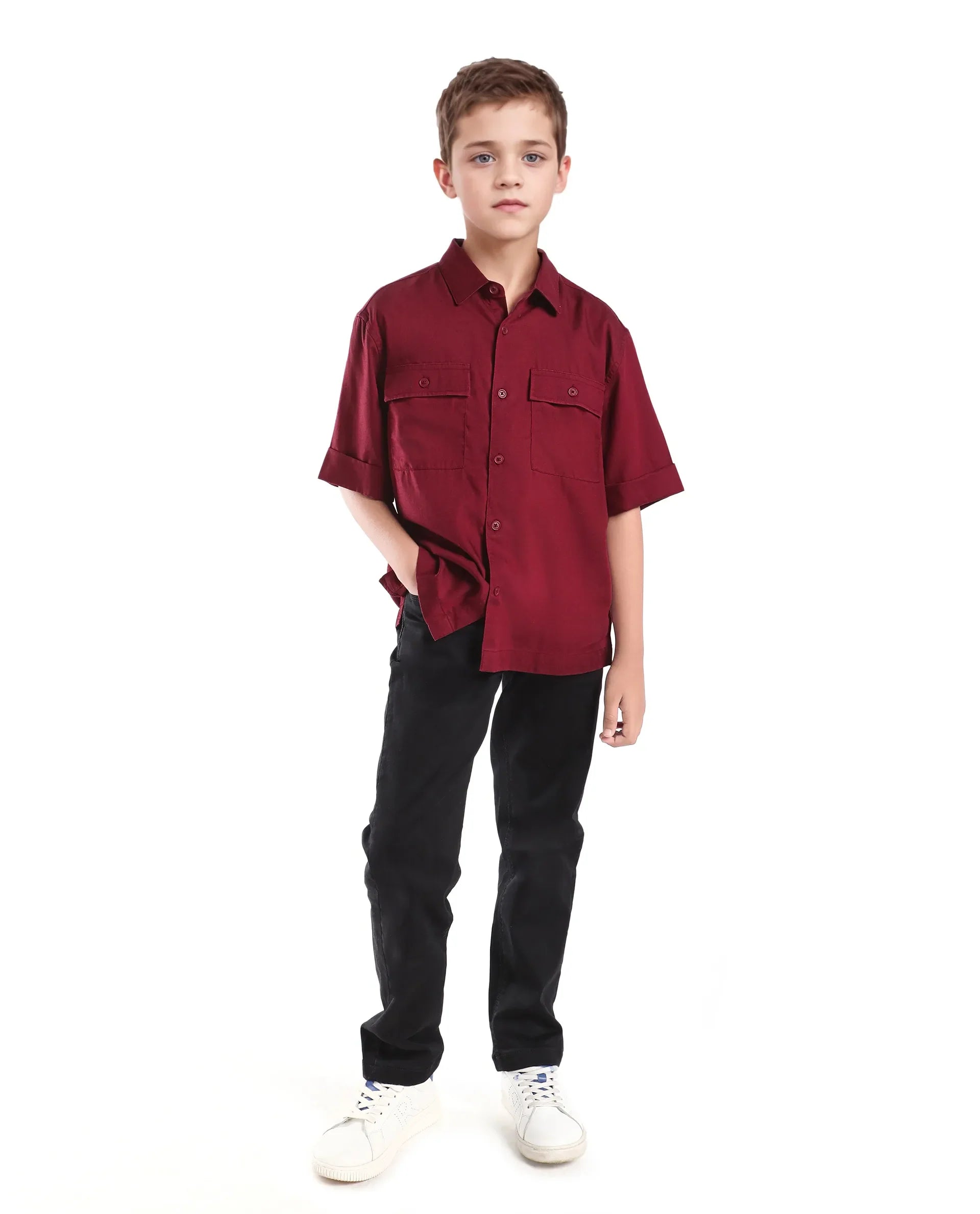 Rare Ones Kids Glin-S Red Lyocell Blend Solid Button Closure Boxy Fit Shirt