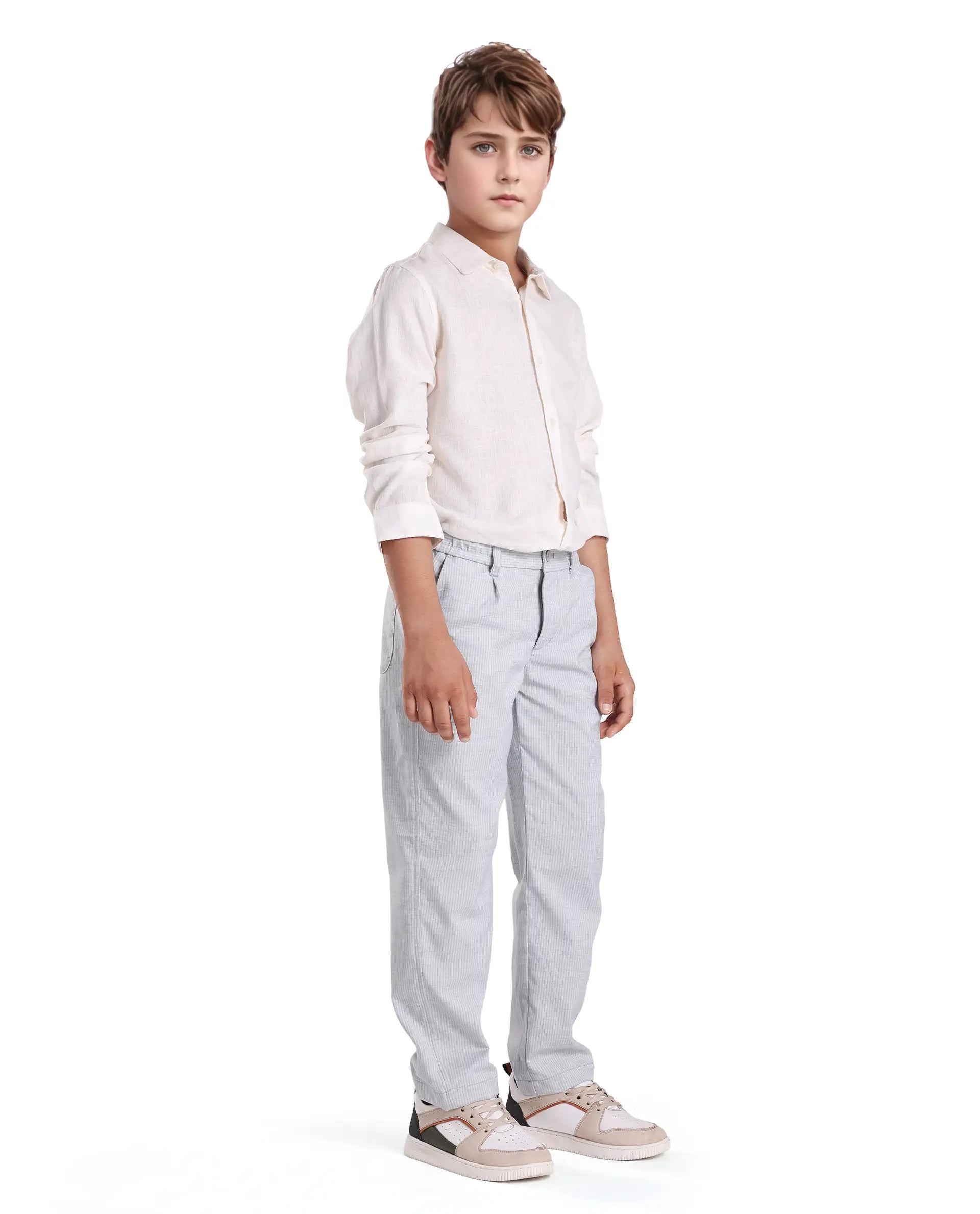 Rare Ones Kids Jin Light Green Cotton Blend Striped Button & Zip Closure Regular Fit Trouser