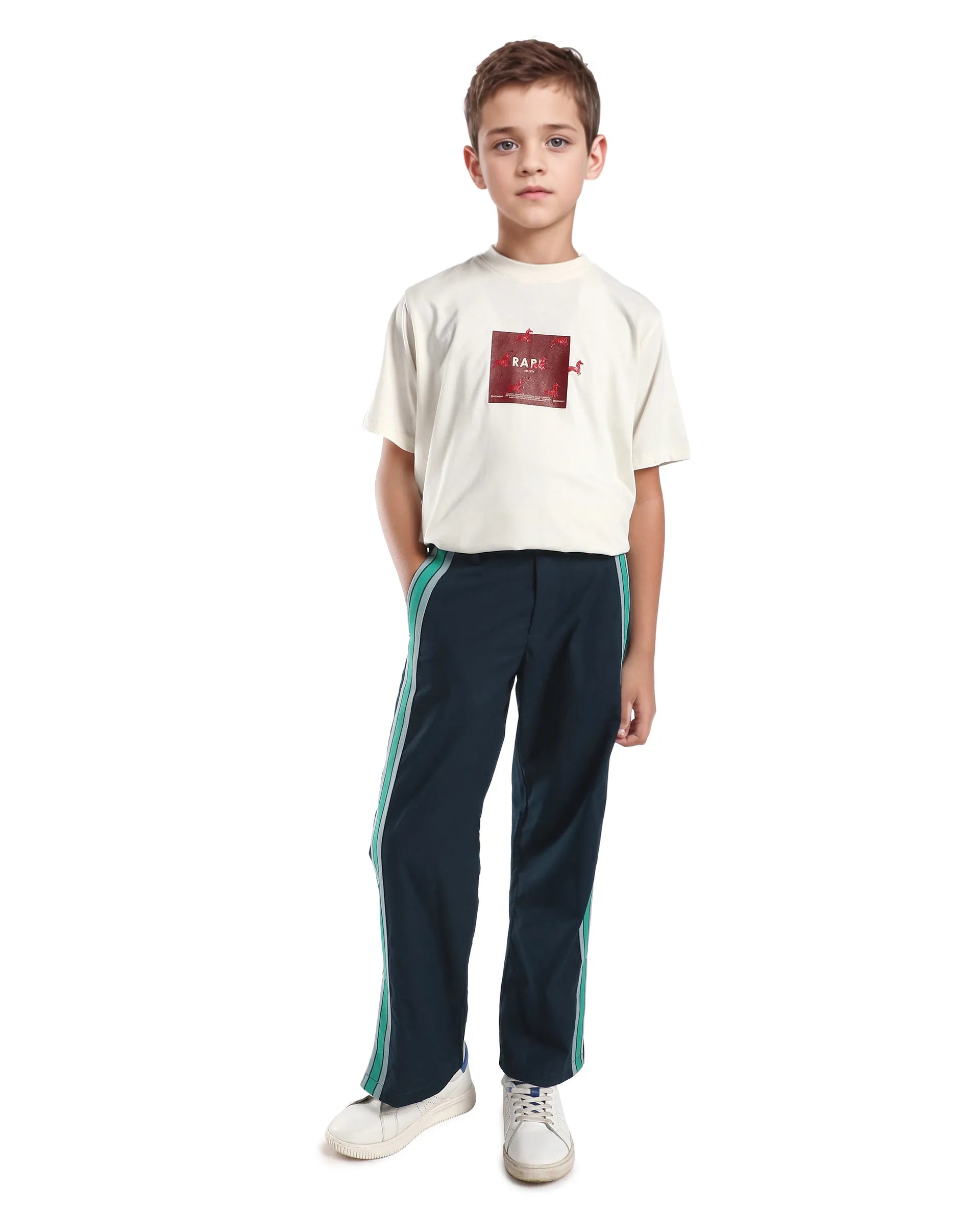 Rare Ones Kids Taper-B Navy Tape Detailed Button And Zip Closure Regular Fit Cotton Trouser